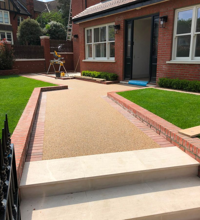 Steps with a crisp resin-and-block-border edge detail