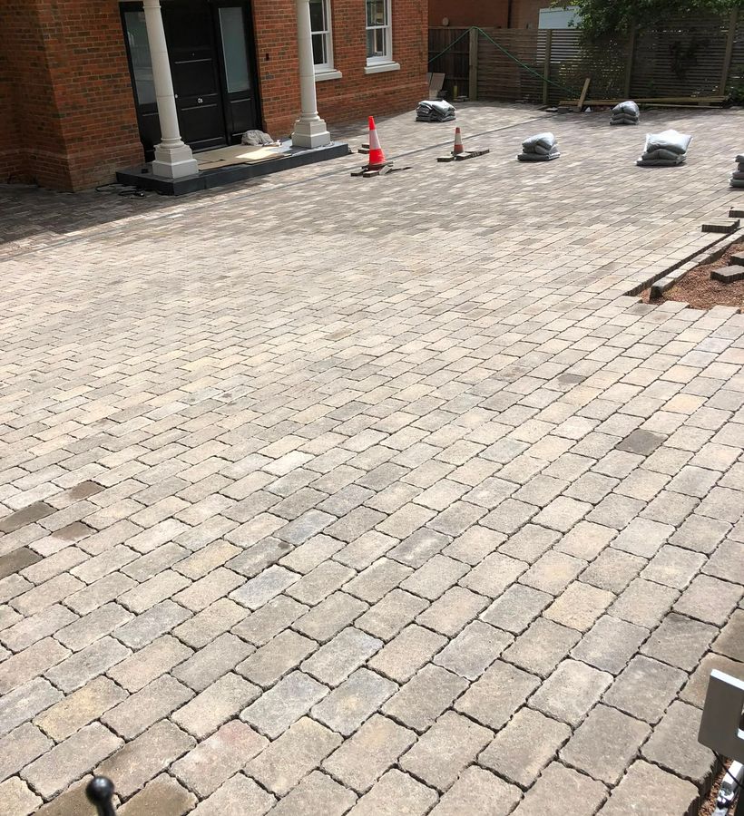 Block paving on the engineered sub-base and haunched edge restraints beneath it