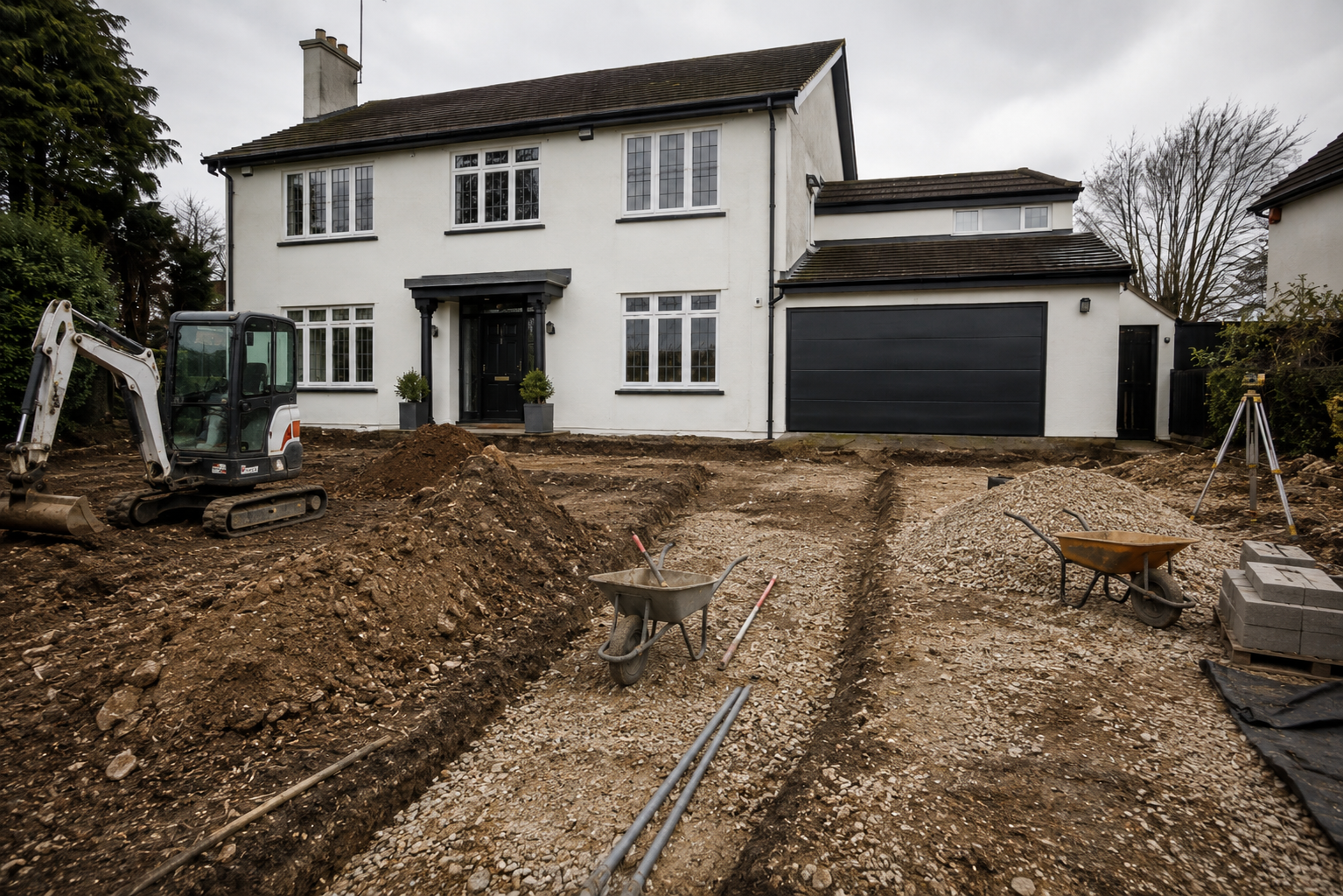 The driveway excavated to depth with a mini-digger, trenches and sub-base materials during groundworks.