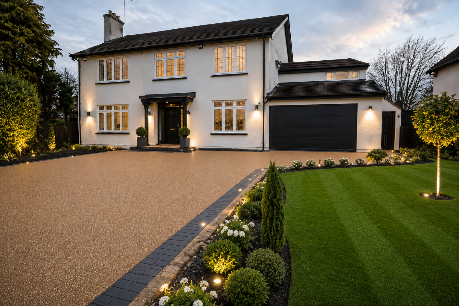 The completed resin-bound driveway at dusk with lighting, planting and a striped lawn.