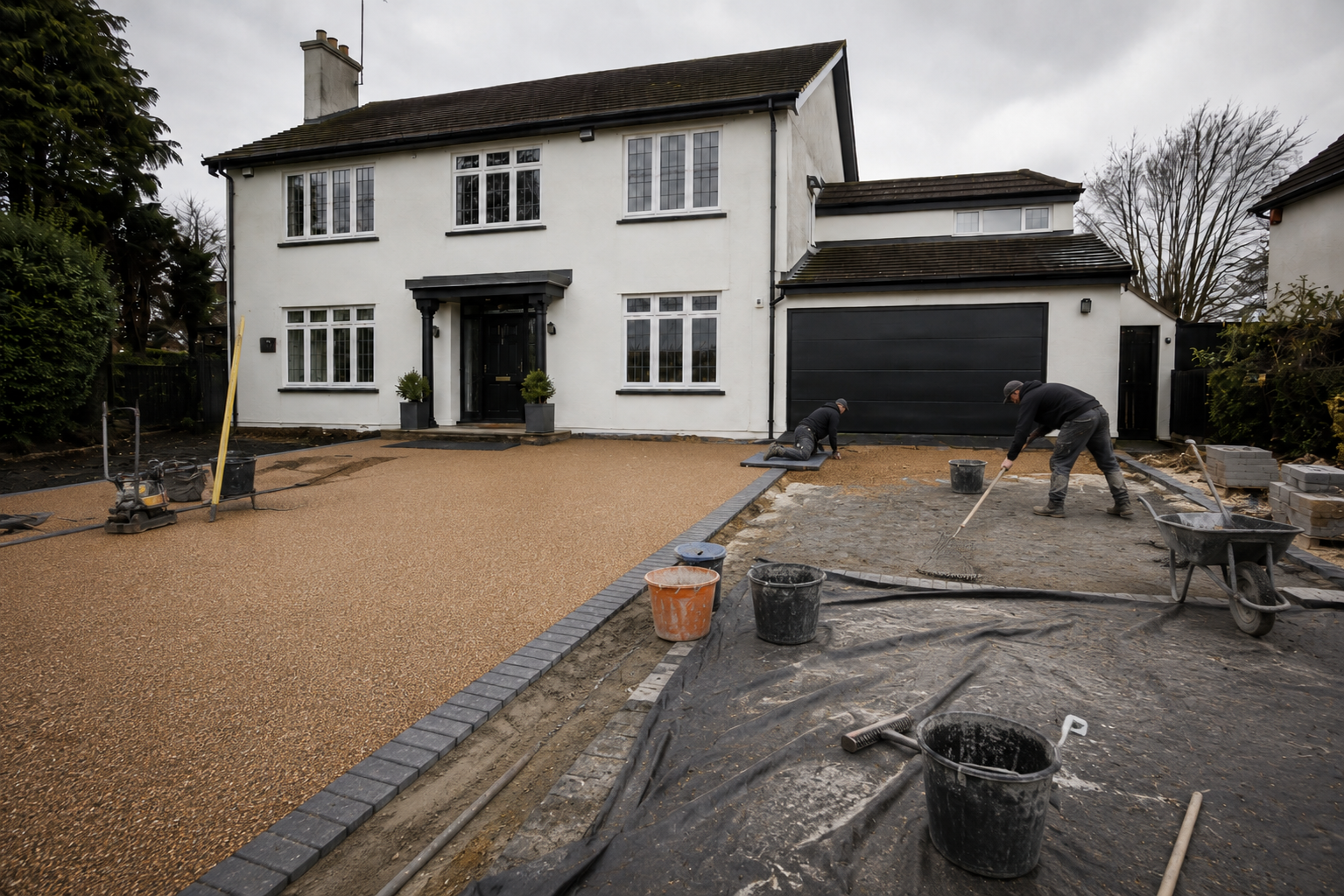 Colour-matched resin and aggregate being hand-trowelled as the new surface is laid.